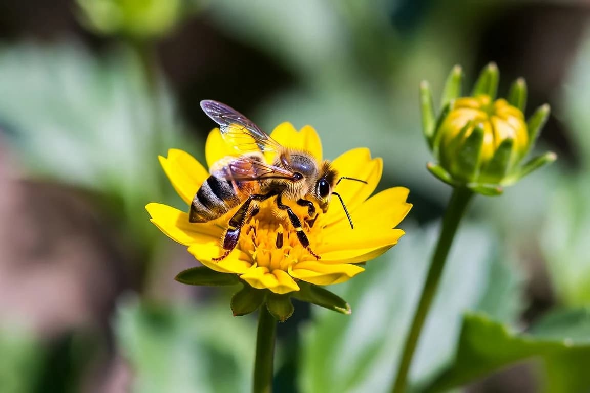 A bee collecting pollen from a bright yellow flower