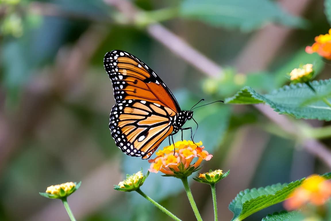 A butterfly feeding from a bright garden flower