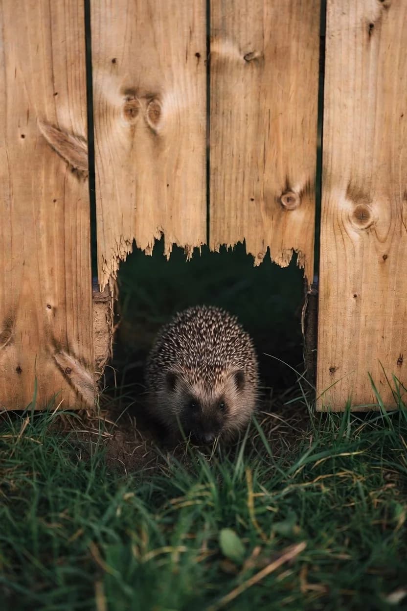 A hedgehog emerging through a small opening at the base of a wooden fence