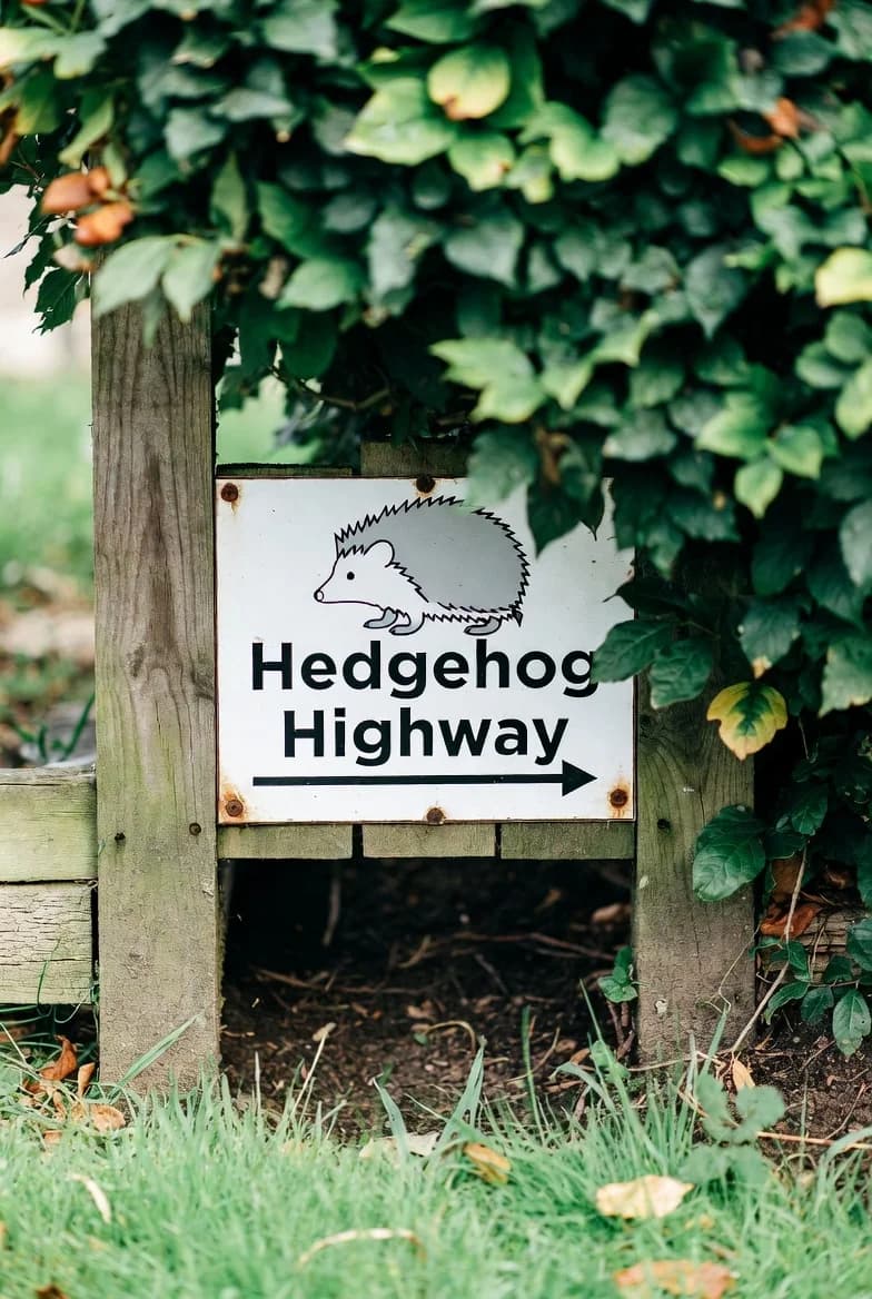 A Hedgehog Highway sign in a leafy garden boundary