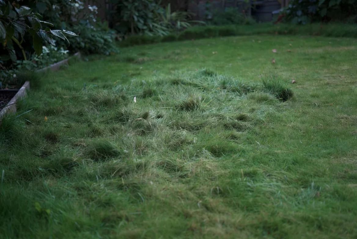 A garden lawn developing varied patches of longer grass