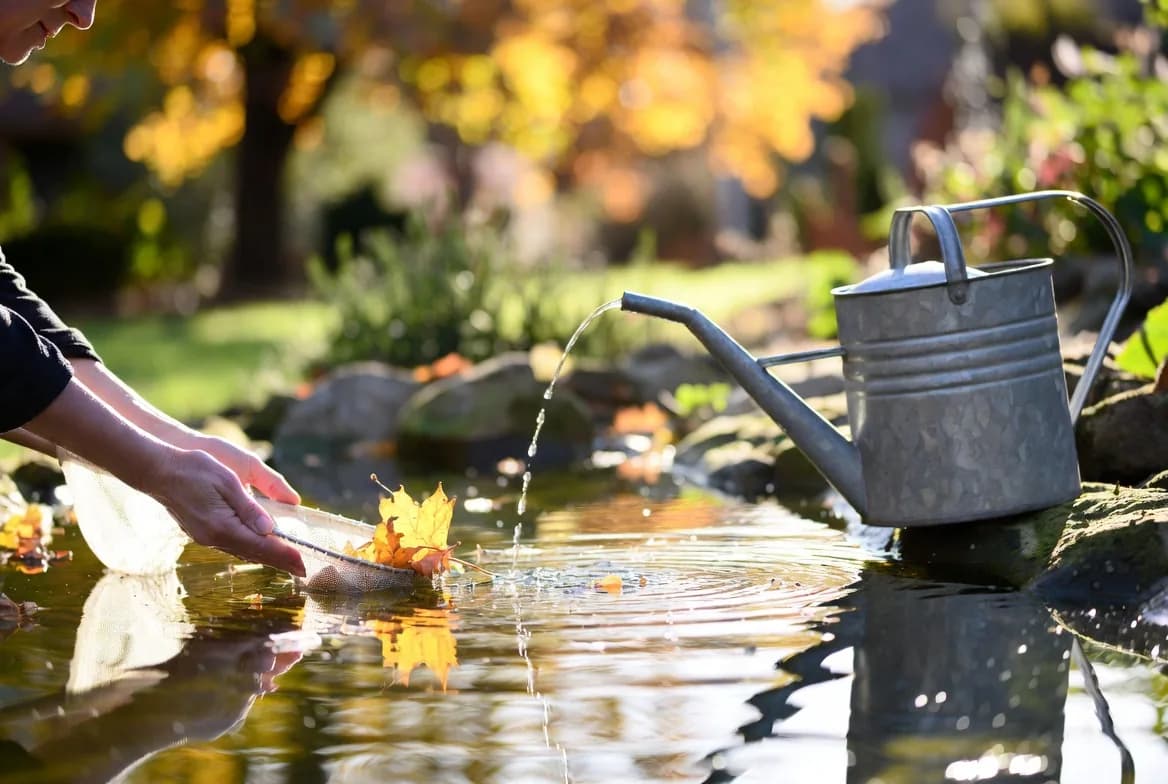 Leaves being gently removed from a wildlife pond beside a watering can