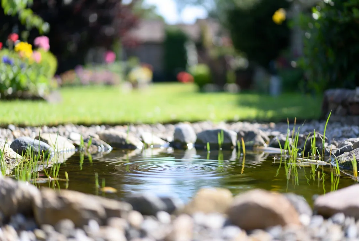A finished wildlife pond seen from a low angle across the water