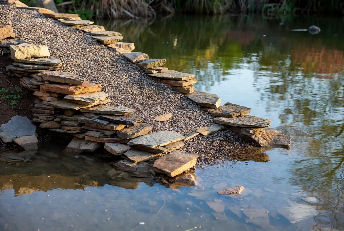 A broad gravel and stone ramp leading gently out of a wildlife pond