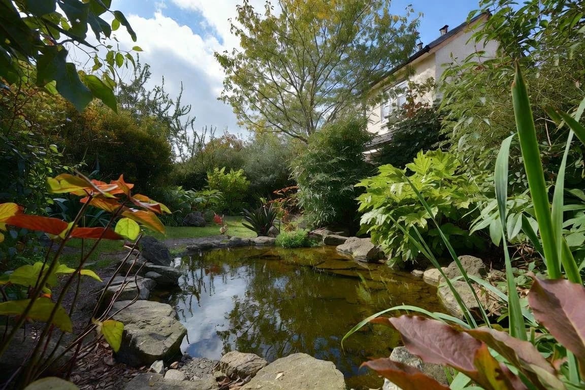 A lush garden pond surrounded by plants